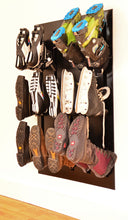 Load image into Gallery viewer, Wall mounted Boot Dryer for flush mount inside a wall. Seven pair stainless steel Warm or ambient air. Attractive space saving design best for ski homes , condos and any mudroom. Timer controlled dryer for ski boots, skates, gloves. Shown with ski boots, skates, xc ski boots..  Puelche dryer
