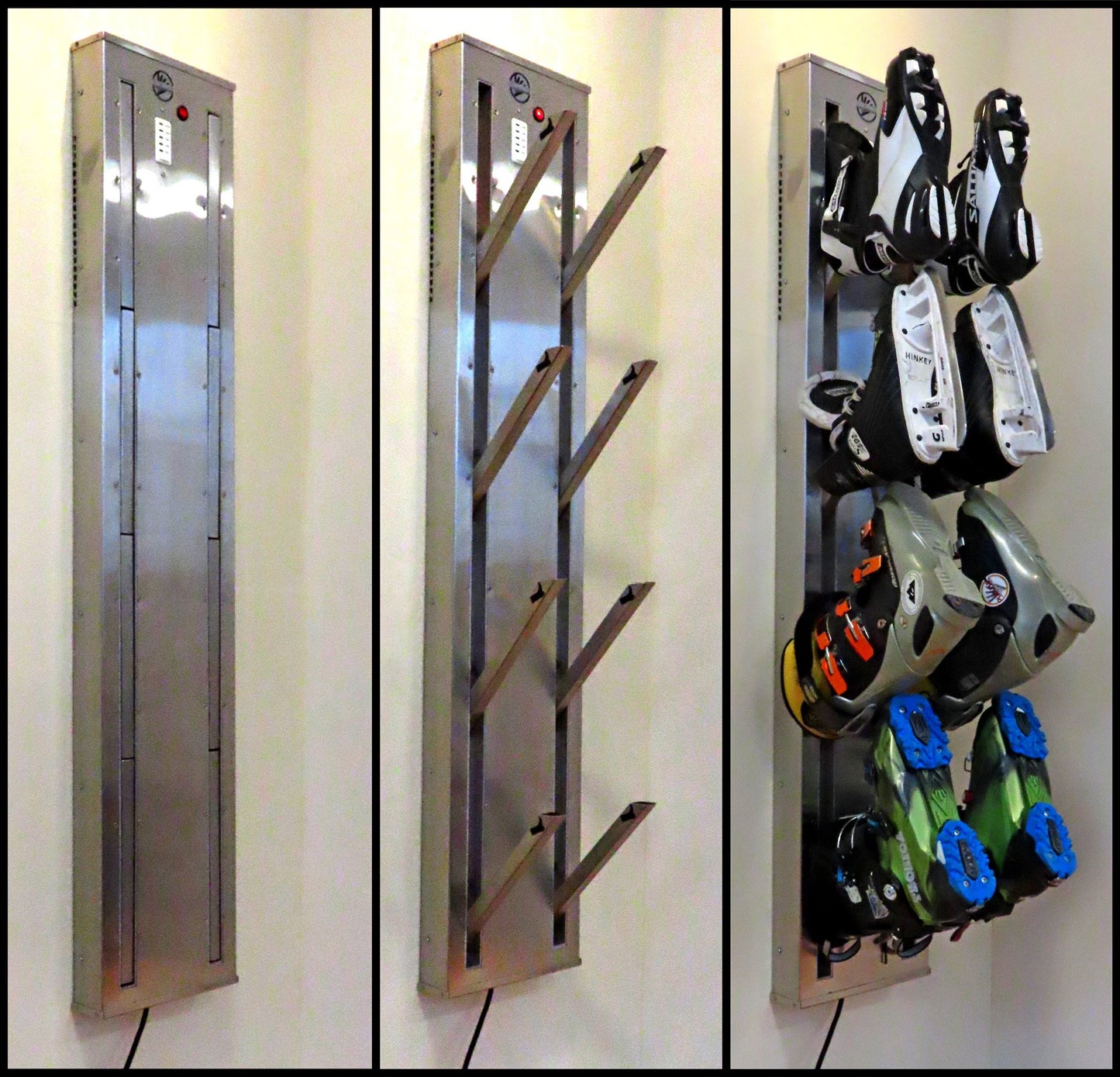 Wall mounted stainless steel boot dryer for 4 pairs. Show open, closed and loaded with boots.