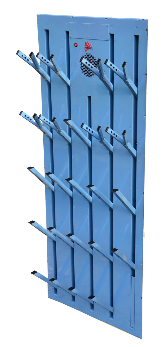 Built in ski boot and glove dryer from Puelche. Elegant 12 pair including special glove pegs,. Ideal for new large ski homes or mudroom renovations. Painted blue