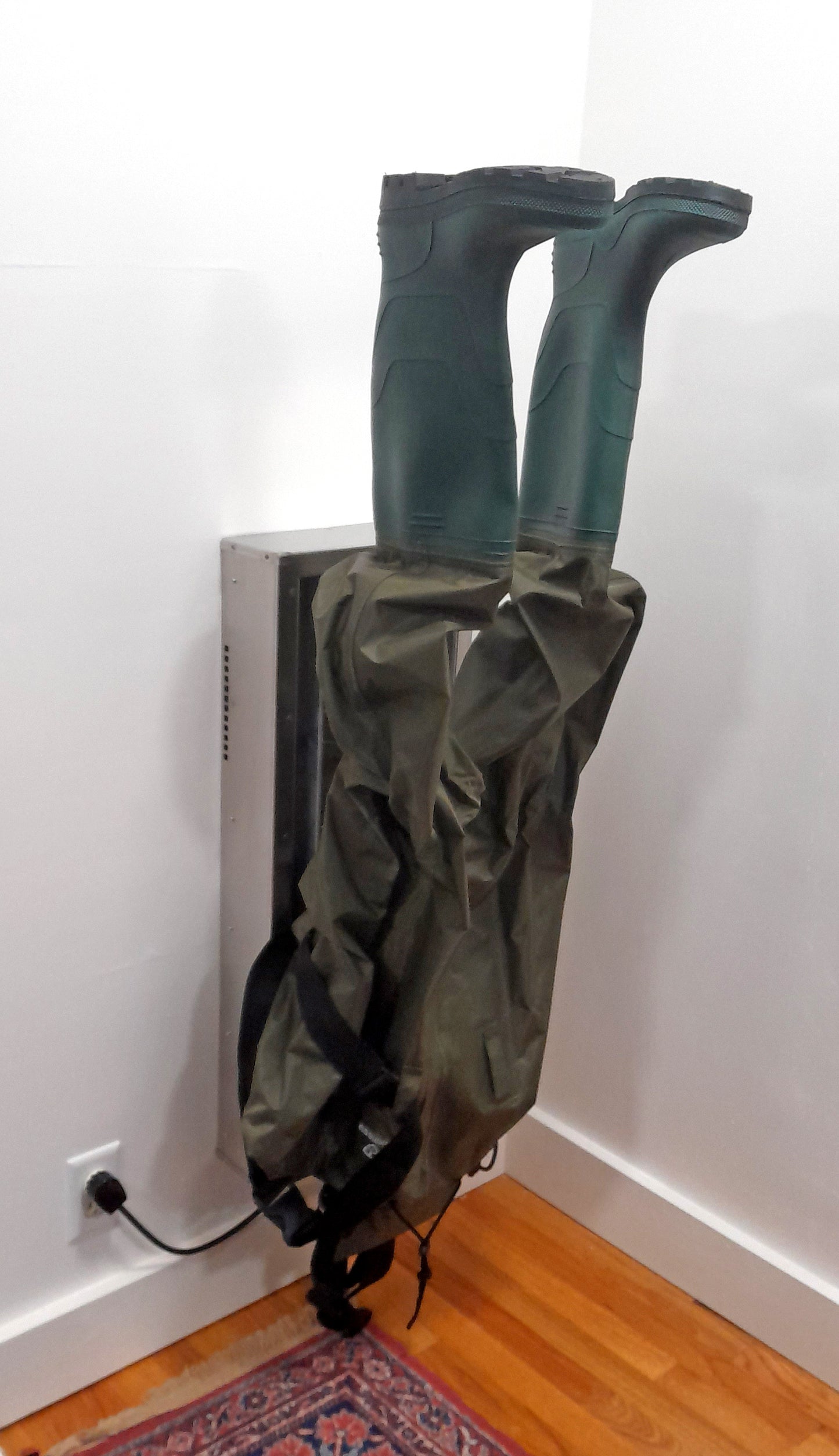 Wader, hip boot, or tall boot dryer. Attractive, heavy duty stainless steel wall mounted dryer for fishing and hunting enthusiasts.