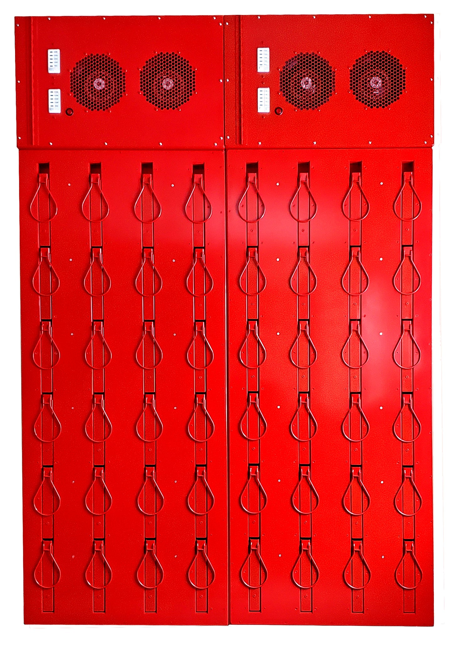 Hockey glove dryer. 12 pair wall mounted. Space saving wall mounted design. Stainless steel and aluminum construction. Sleek thin with retracting pegs. Loops for gloves. High flow for fast drying and slow drying option.  Painted  red for Boston University
