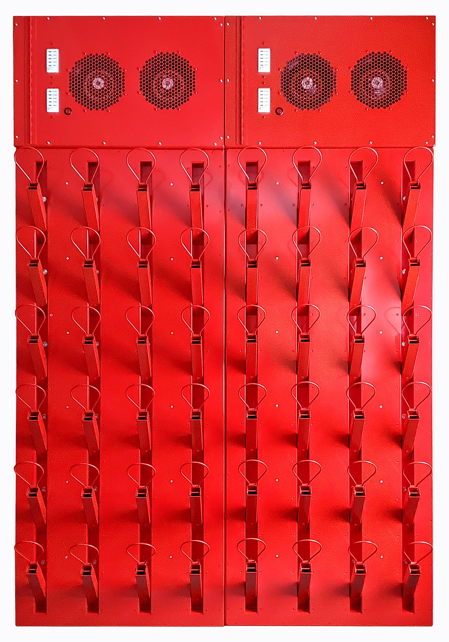 Hockey glove dryer. 12 pair wall mounted. Space saving wall mounted design. Stainless steel and aluminum construction. Sleek thin with retracting pegs. Loops for gloves. High flow for fast drying and slow drying option.  Painted  red for Boston University