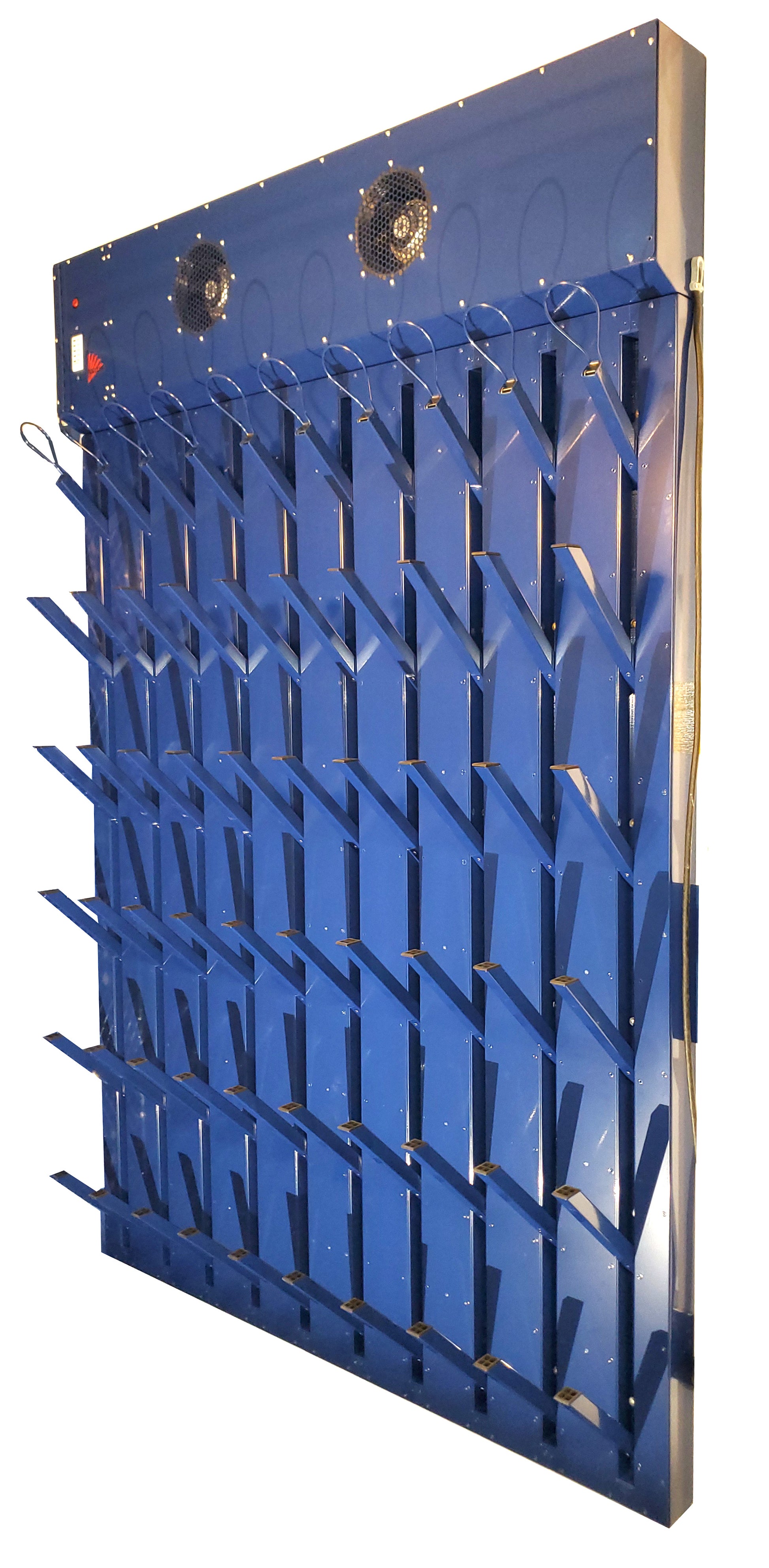 Cleat dryer for football team.  25 pairs of cleats and 5 pairs of gloves.  Blue shown with pegs open. 