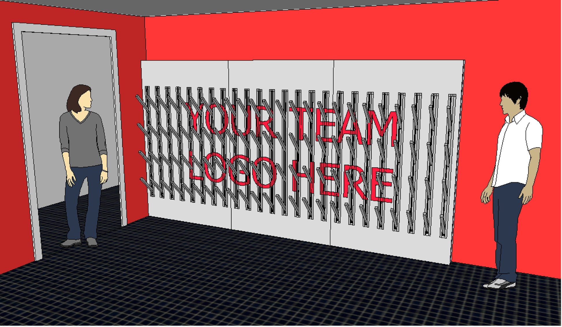 Rendering of a 3 d modeled cleat dryer for 75 pairs of cleats.  Show on flat wall with logo on face