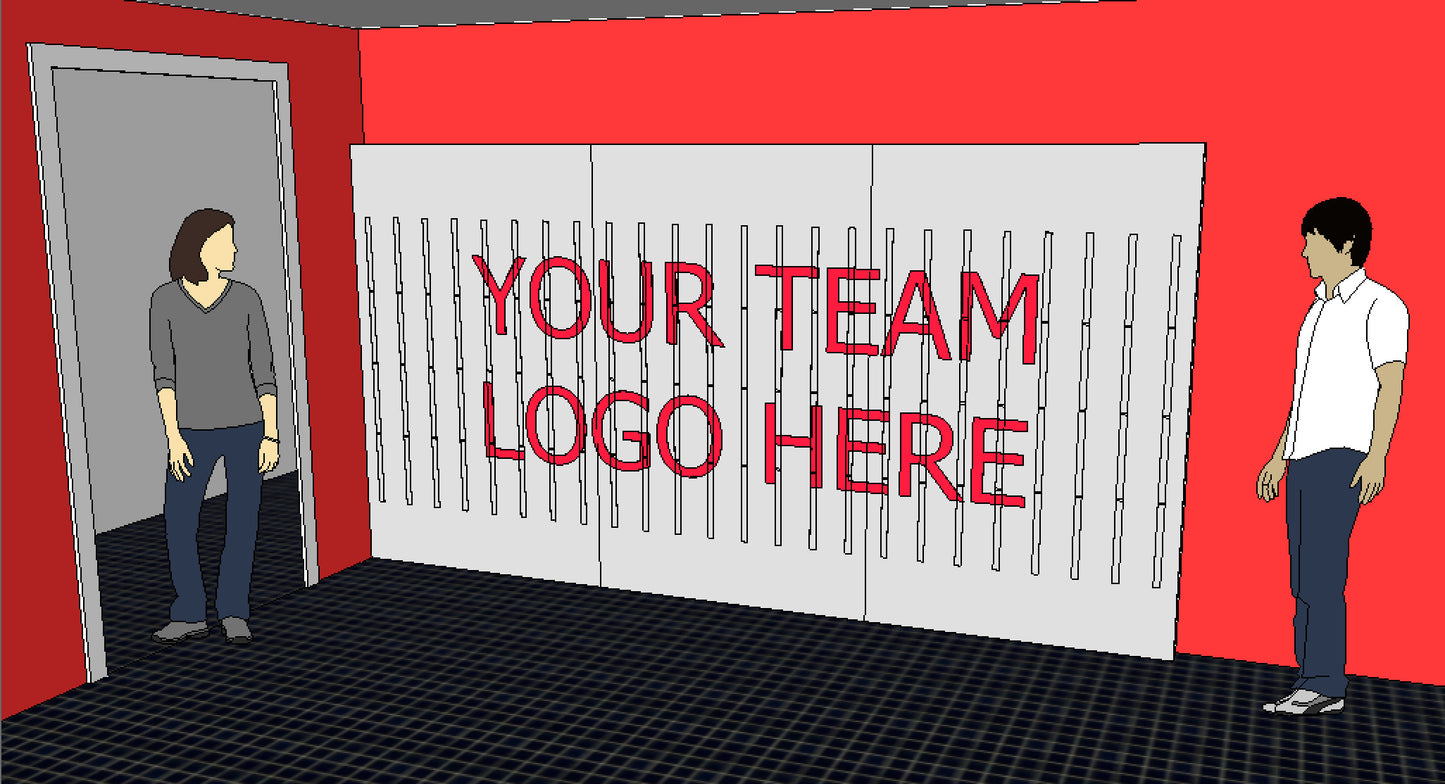 Rendering of a 3 d modeled cleat dryer for 75 pairs of cleats. Show on flat wall with logo on face