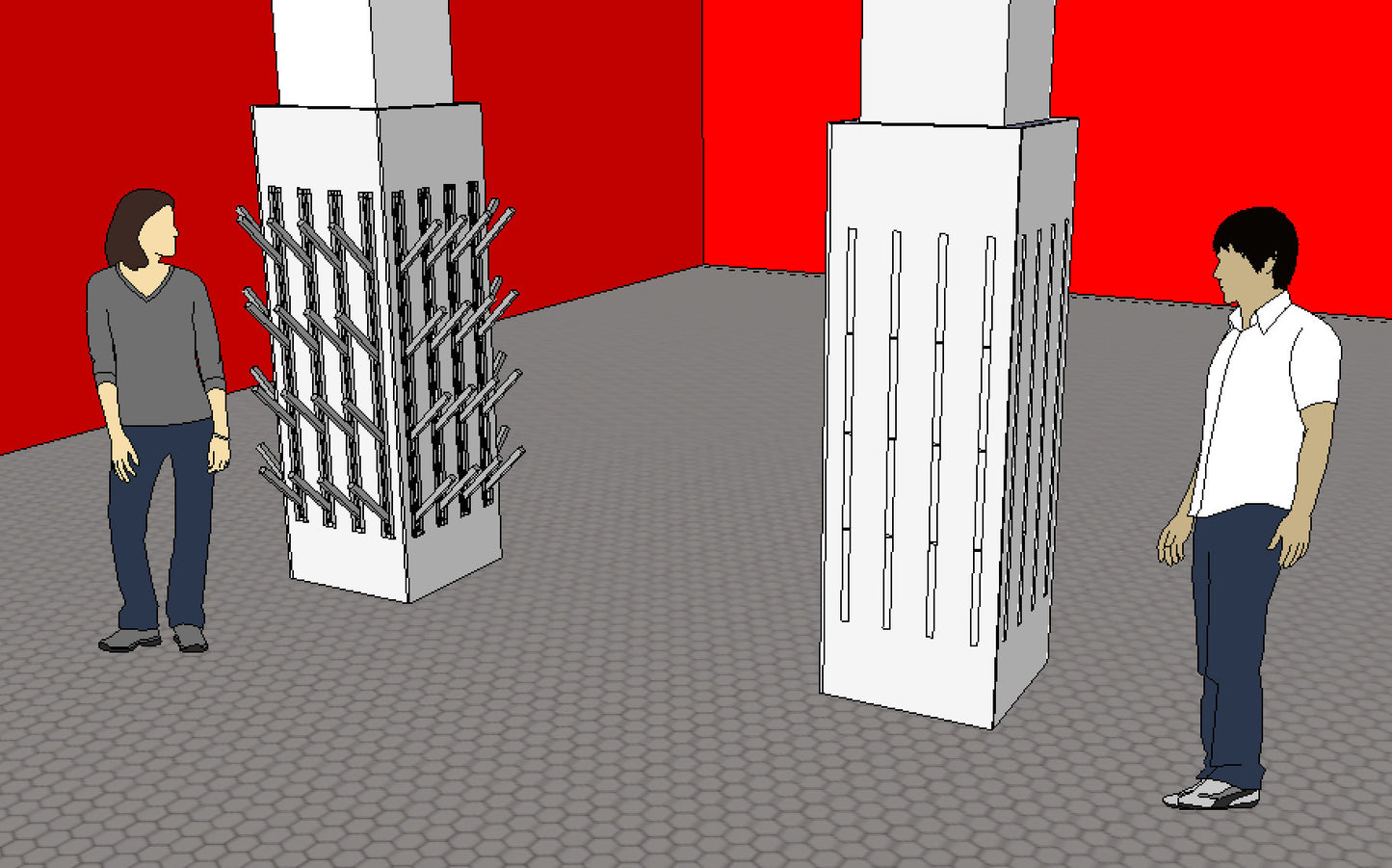 Rendering of a 3 d modeled cleat dryer for 75 pairs of cleats. Shown  mounted on posts in locker room 