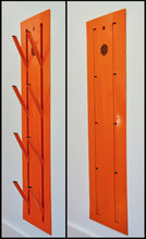 Load image into Gallery viewer, Wall mounted ski Boot Dryer for flush mount inside a wall. Four pair stainless steel Warm or ambient air. Attractive space saving design best for ski homes , condos and any mudroom. Timer controlled dryer for ski boots, skates, gloves. Shown custom painted orange.
