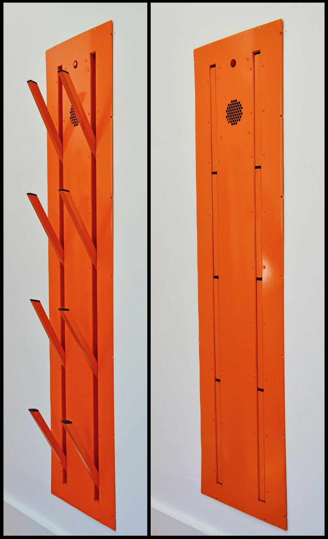 Wall mounted ski Boot Dryer for flush mount inside a wall. Four pair stainless steel Warm or ambient air. Attractive space saving design best for ski homes , condos and any mudroom. Timer controlled dryer for ski boots, skates, gloves. Shown custom painted orange.