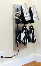 Load image into Gallery viewer, Boot Dryer wall mounted. Two pair stainless steel. Warm or ambient air. Attractive space saving design best for ski homes , condos and any mudroom. Timer controlled dryer for ski boots, skates, gloves. Shown with skates, ski boots. Puelche Dryer
