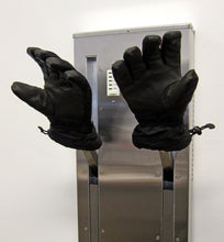 Load image into Gallery viewer, Glove dryer of stainless steel for fast drying of ski gloves. Installed on a boot dryer with retracting pegs for installation in mudroom or ski condo. Shown with gloves held for fast drying with warm air forced up fingers. 
