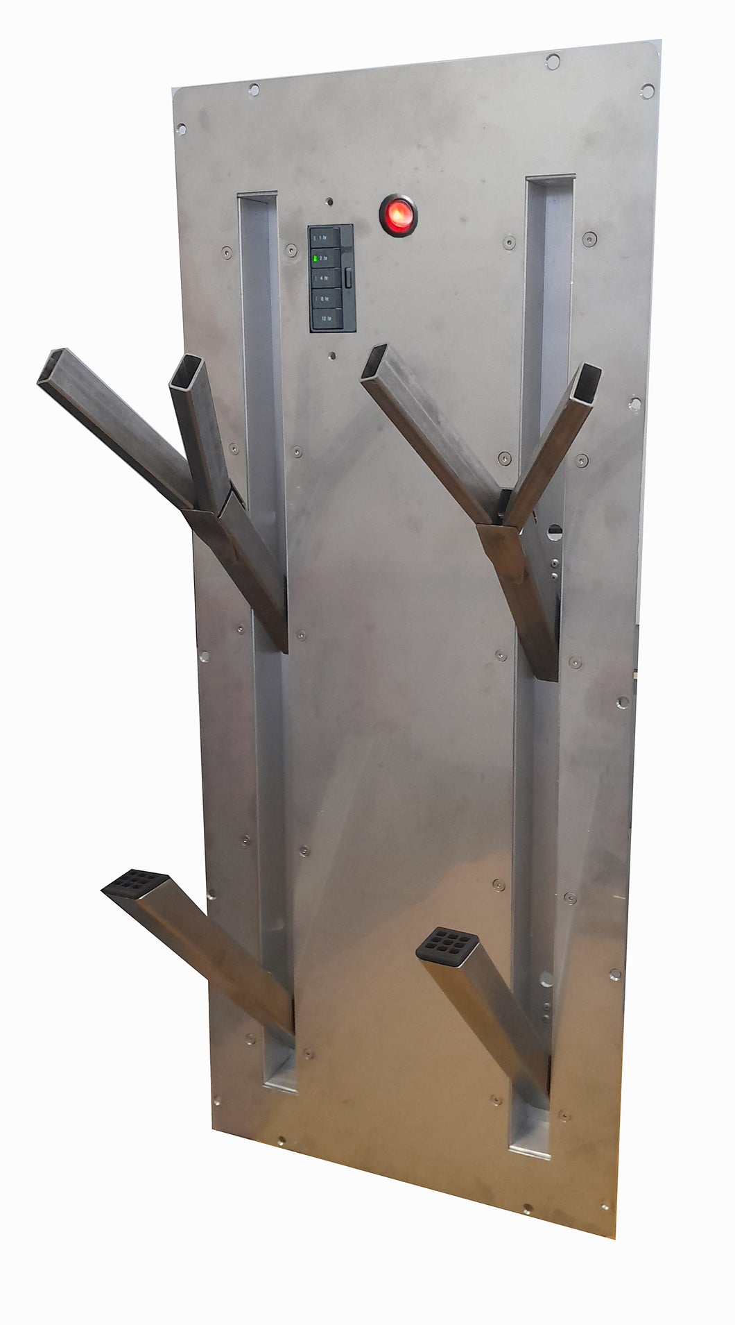Ski boot dryer and glove dryer with spreading pegs for fast drying of gloves.  For installation in mudroom lockers or ski boot room.  High quality space saving design made of stainless steel. 