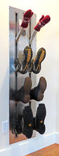 Load image into Gallery viewer, Wall mounted Boot Dryer for flush mount inside a wall. Four pair stainless steel Warm or ambient air. Attractive space saving design best for ski homes , condos and any mudroom. Timer controlled dryer for ski boots, skates, gloves. Shown with ski boots and gloves. From Puelche Dryer
