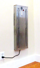 Load image into Gallery viewer, Boot Dryer wall mounted. Two pair stainless steel. Warm or ambient air. Attractive space saving design best for ski homes , condos and any mudroom. Timer controlled dryer for ski boots, skates, gloves. Shown with pegs closed. Puelche Dryer
