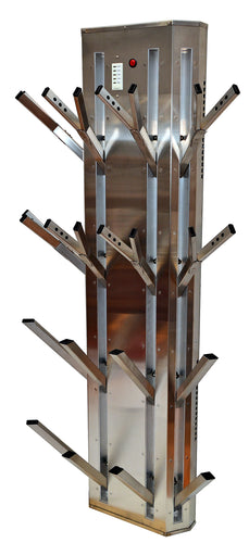 Boot dryer for ski boots and gloves.  Stainless steel wall mounted unit for 8 pairs.  Very small space required and plugs into outlet.  High flow warm air.  