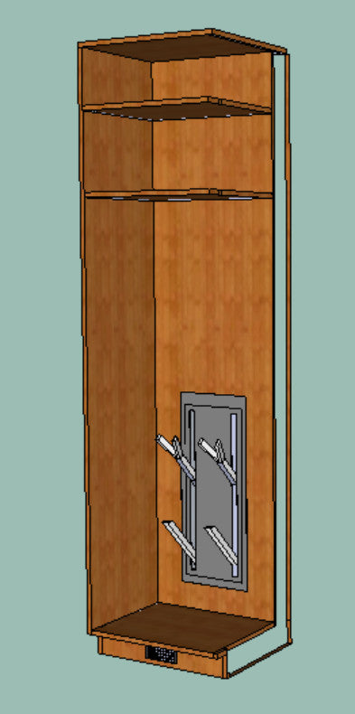 rendering of modeled boot dryer installed in back of locker. Shown from front of locker